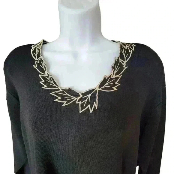 Gardy Women's Black Knit Top w/Leafy Trim / Long Sleeve / Size XL - Picture 2 of 6